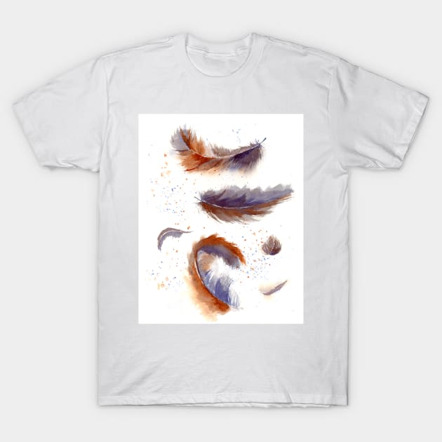 Watercolor falling feathers T-Shirt by PaintsPassion